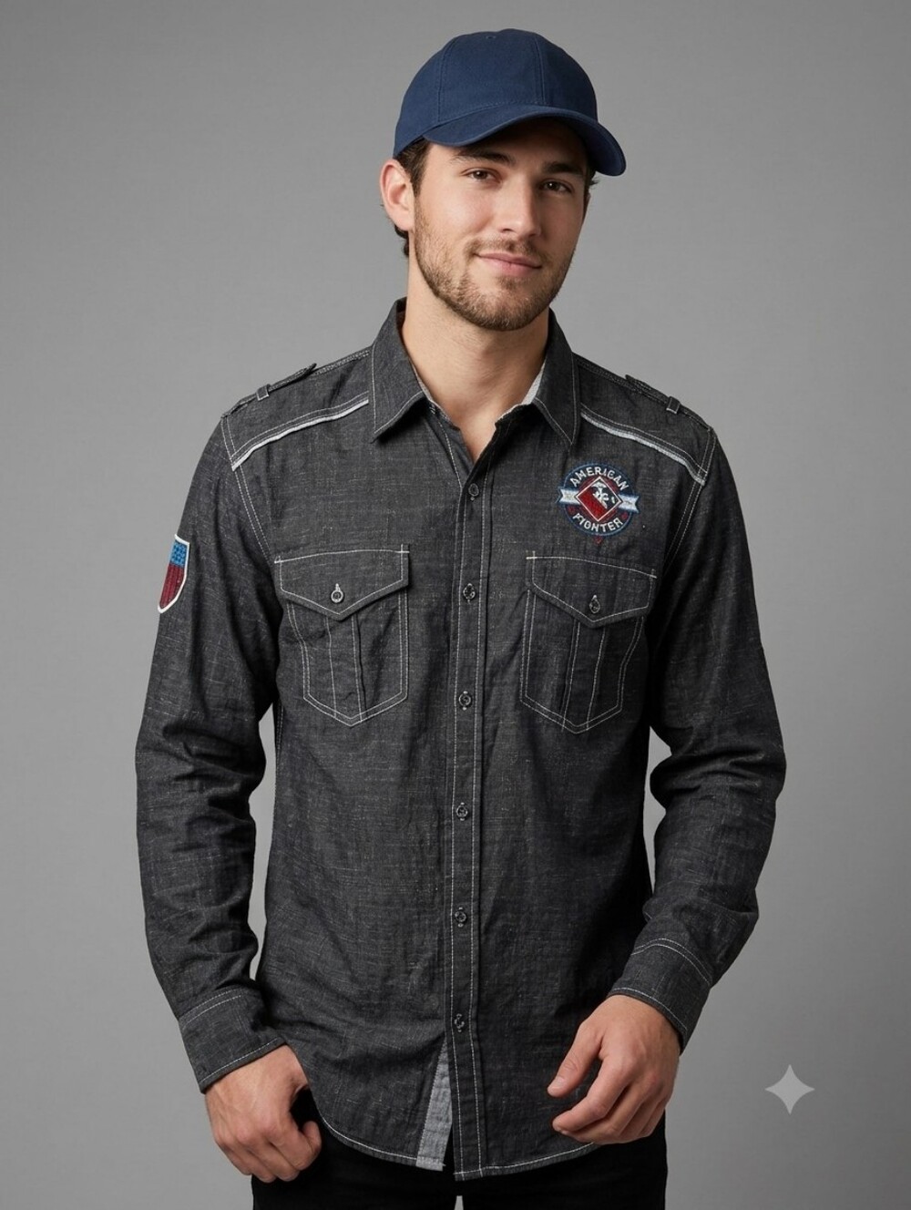 American Fighter Long Sleeve Button Down with Red White Blue Style Stitching XL
